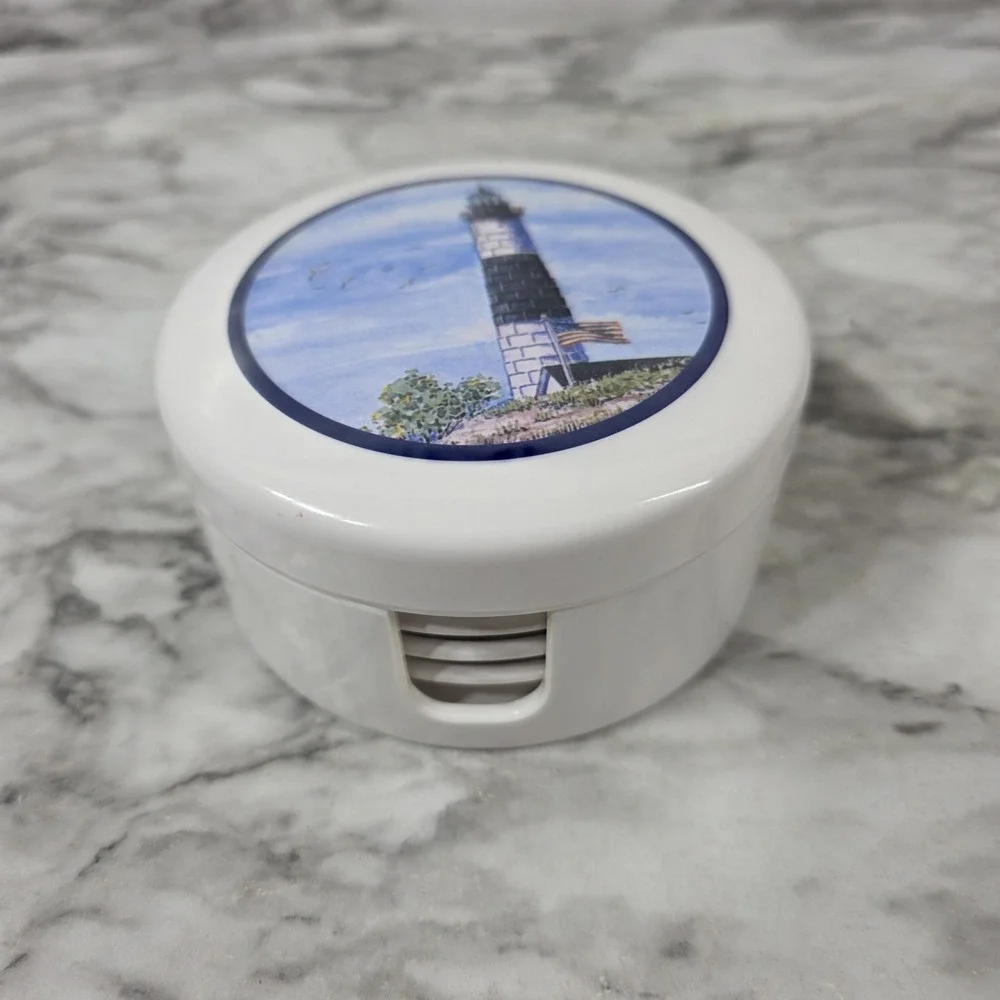 Vintage Lighthouse Coaster Set Of  6 With Holder White Plastic In EUC